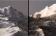 A split image showing contrasting landscapes: on the left, a snowy mountain terrain with a winding path, and on the right, a rocky, barren hillside under a soft gray sky.