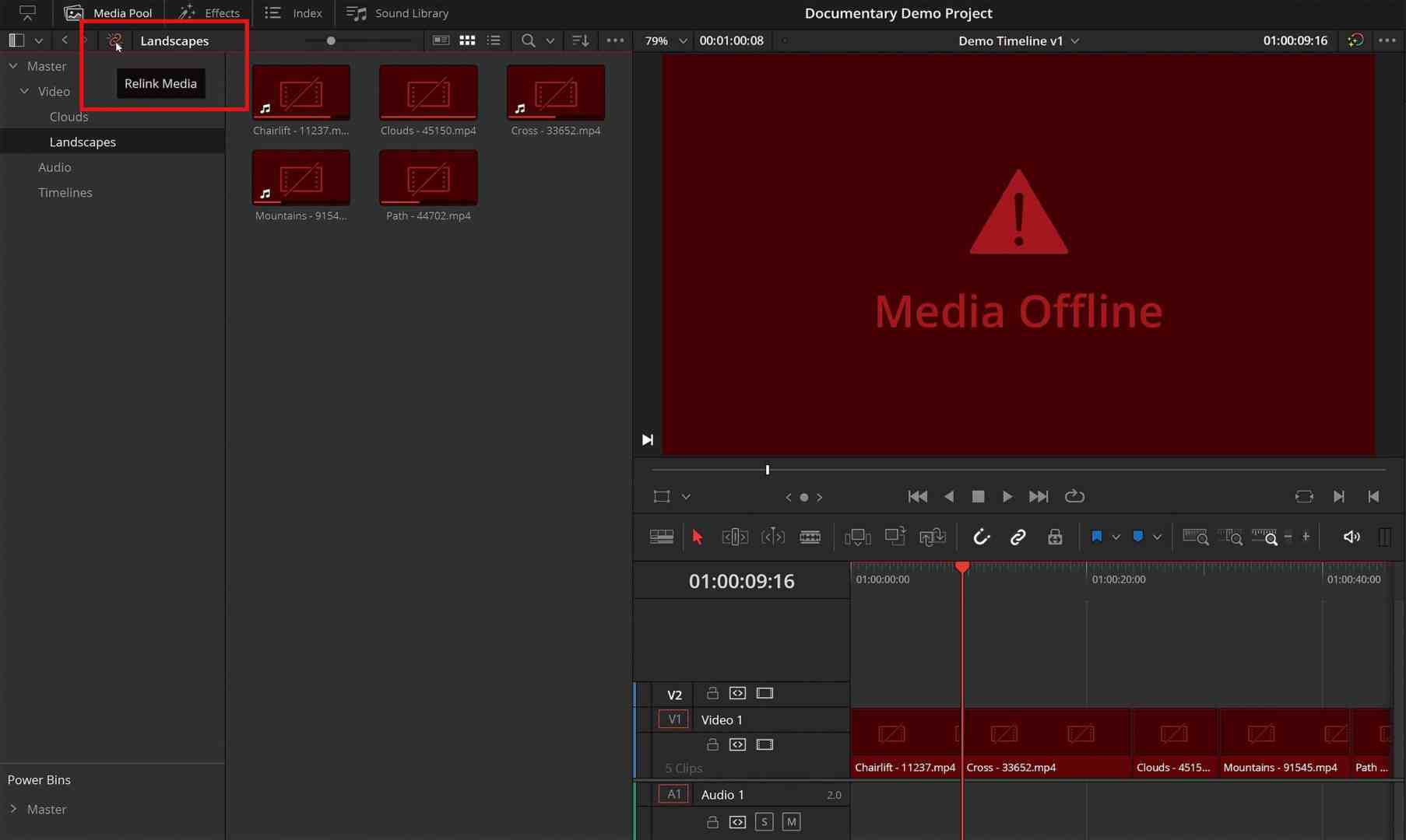editing software interface showing media offline message digital production Editing software interface showing media offline message