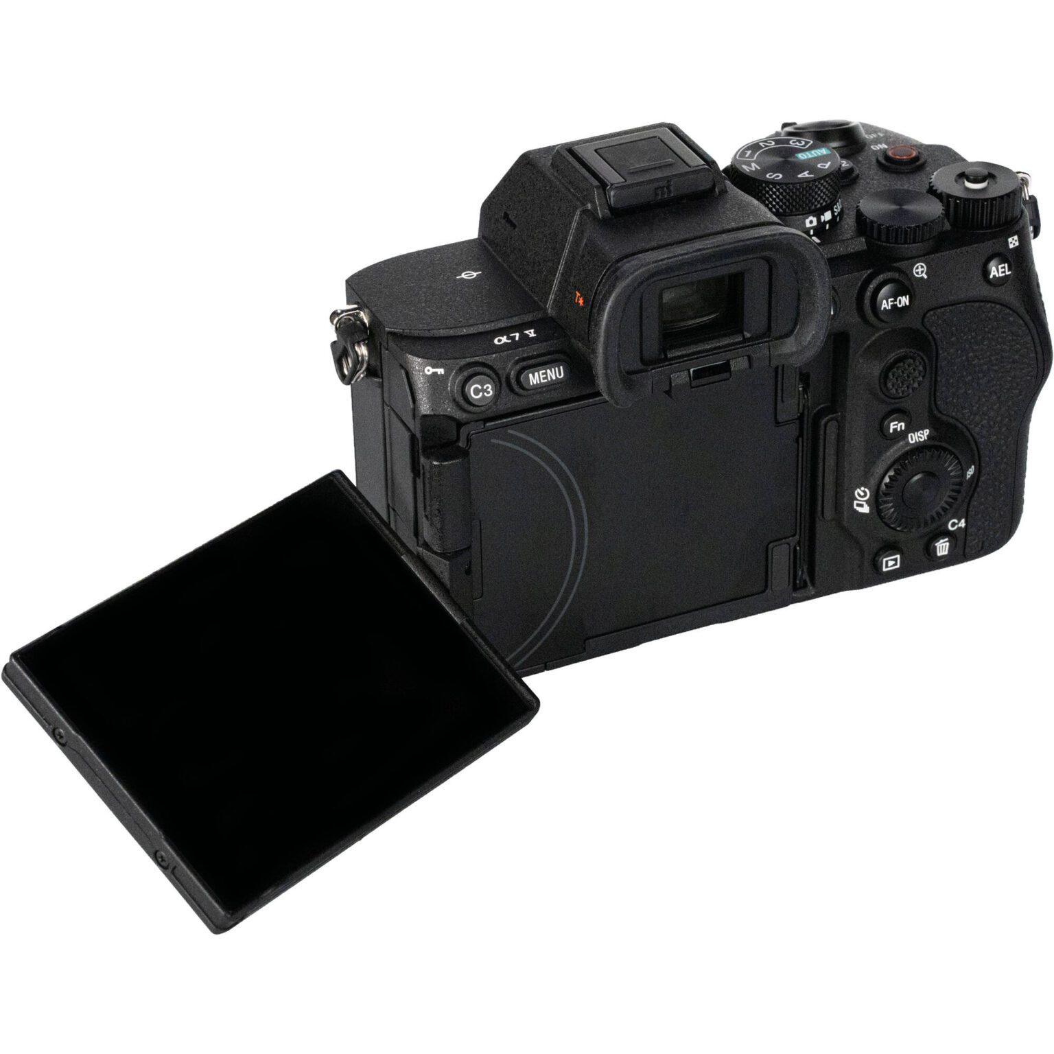 a digital camera with a black exterior viewed from the back the camera features a tilting screen extended outward controls on the top and side and a viewfinder showcasing its design for both photography and videography digital production A digital camera with a black exterior, viewed from the back. The camera features a tilting screen extended outward, controls on the top and side, and a viewfinder, showcasing its design for both photography and videography.
