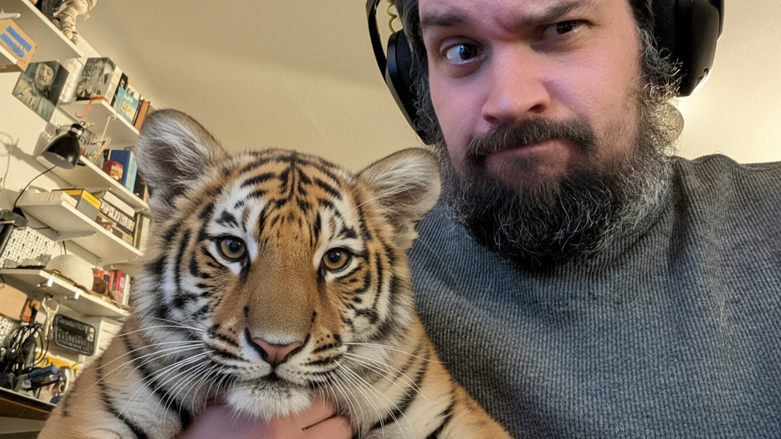 a man with a beard wearing headphones holds a young tiger on his lap with both looking directly at the camera the background features shelves with various objects creating a casual indoor setting digital production A man with a beard wearing headphones holds a young tiger on his lap, with both looking directly at the camera. The background features shelves with various objects, creating a casual indoor setting.