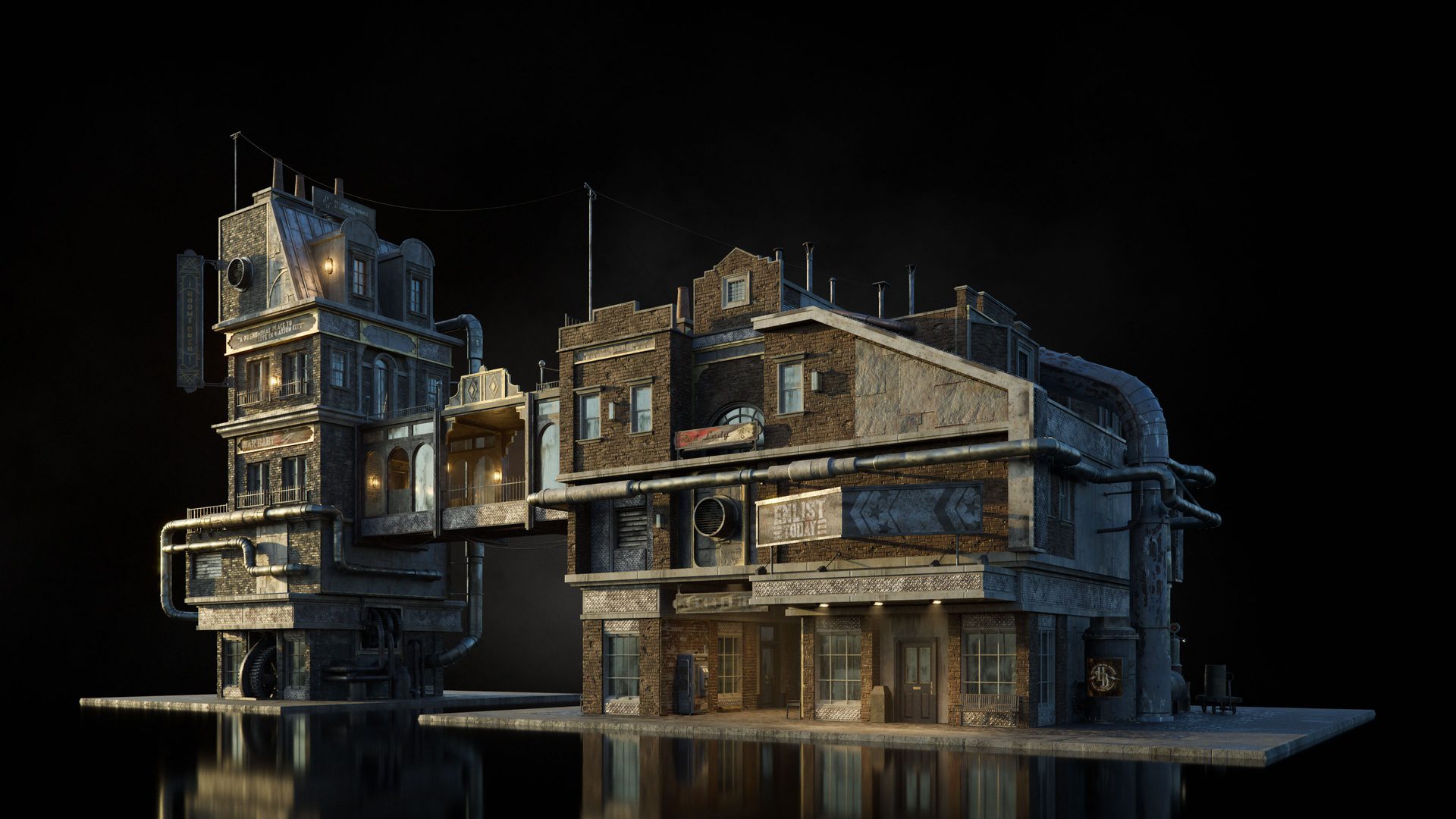 a detailed 3d rendering of a complex industrialstyle building with multiple sections and connected walkways the structure features weathered walls pipes and illuminated windows against a dark background creating a moody atmosphere digital production A detailed 3D rendering of a complex, industrial-style building with multiple sections and connected walkways. The structure features weathered walls, pipes, and illuminated windows against a dark background, creating a moody atmosphere.