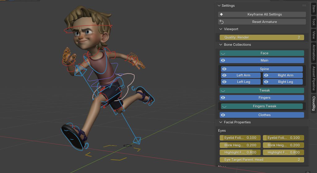 a 3d animated character of a boy with short brown hair wearing a pink tank top and blue shorts is depicted in a running pose the interface shows bone rigging options and properties for facial expressions and body parts on the right digital production https://studio.blender.org/files/cache/61/8f/618f81b3f5594917f96e7395da075fa9.jpg