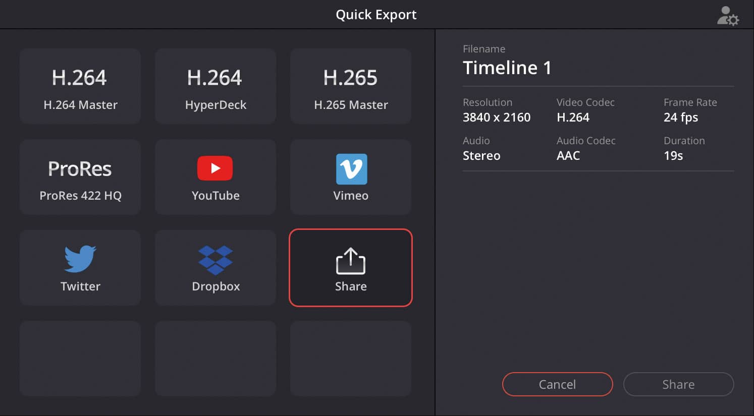 a digital interface displaying export options for video files featuring selections for h264 h265 prores and various platforms like youtube and dropbox with a highlighted share button and file details on the right digital production A digital interface displaying export options for video files, featuring selections for H.264, H.265, ProRes, and various platforms like YouTube and Dropbox, with a highlighted 'Share' button and file details on the right.