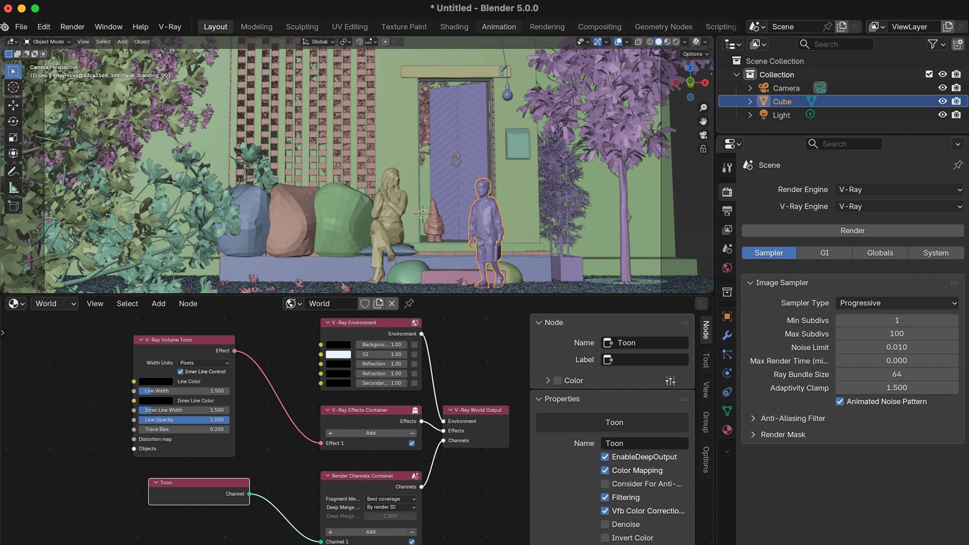 a computer screen displaying a 3d modeling software interface with rendered scenes of people and colorful plants various nodes and properties are visible on the side showcasing materials and lighting settings digital production A computer screen displaying a 3D modeling software interface, with rendered scenes of people and colorful plants. Various nodes and properties are visible on the side, showcasing materials and lighting settings.