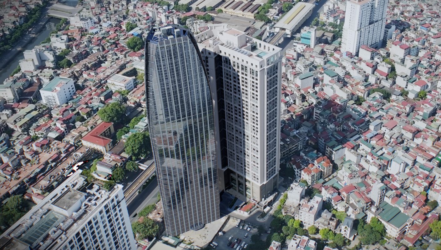 an aerial view of two modern skyscrapers amidst a densely populated urban landscape featuring a mix of residential and commercial buildings green trees and roads are visible showcasing the contrast between nature and urban development digital production An aerial view of two modern skyscrapers amidst a densely populated urban landscape, featuring a mix of residential and commercial buildings. Green trees and roads are visible, showcasing the contrast between nature and urban development.