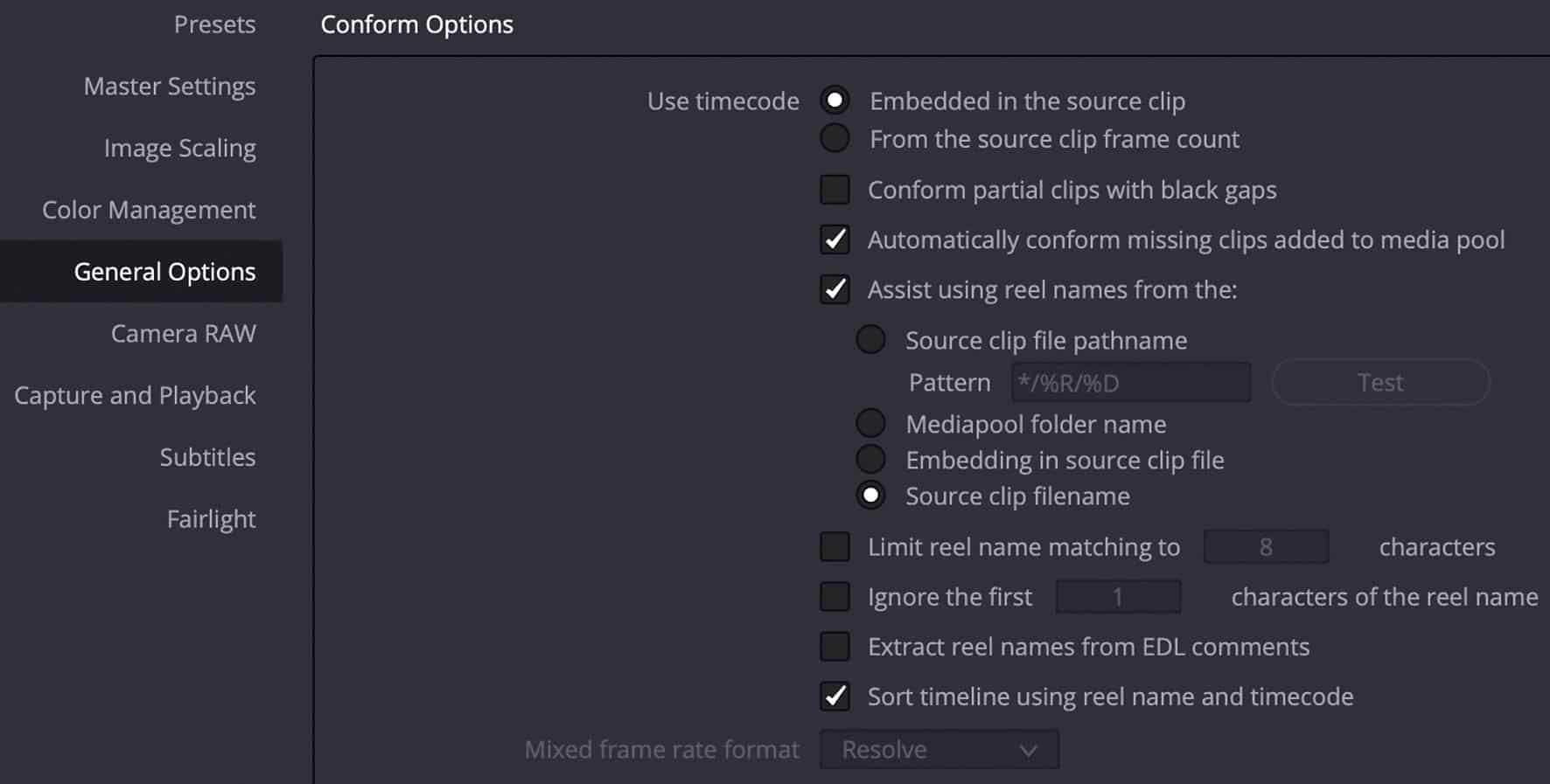 a screenshot of video editing softwares conform options menu showing various settings including timecode options source clip filename settings and character limit settings for reel names digital production A screenshot of video editing software's Conform Options menu showing various settings, including timecode options, source clip filename settings, and character limit settings for reel names.