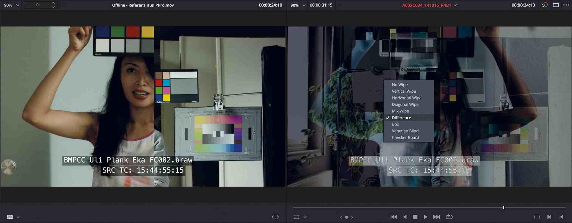 a splitscreen video editing interface shows a woman on the left gesturing with her arm in front of color calibration charts the right side displays video editing options and tools both sides have timecode indicators at the bottom digital production A split-screen video editing interface shows a woman on the left gesturing with her arm in front of color calibration charts. The right side displays video editing options and tools. Both sides have timecode indicators at the bottom.