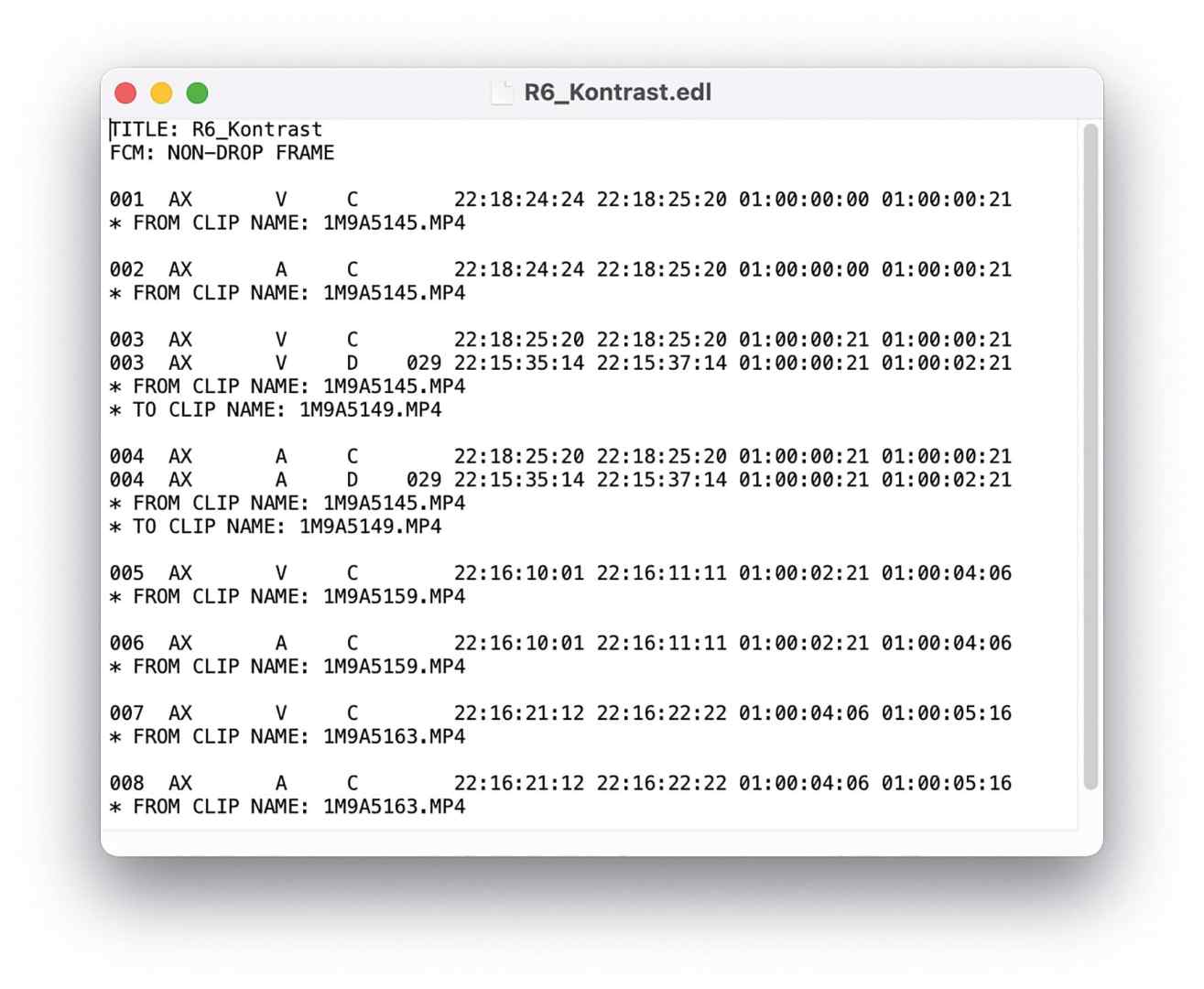 an edited list edl displayed on a computer screen showing timecodes and clip names related to video editing the document contains various entries including titles reference clips and time durations digital production An edited list (EDL) displayed on a computer screen, showing timecodes and clip names related to video editing. The document contains various entries including titles, reference clips, and time durations.