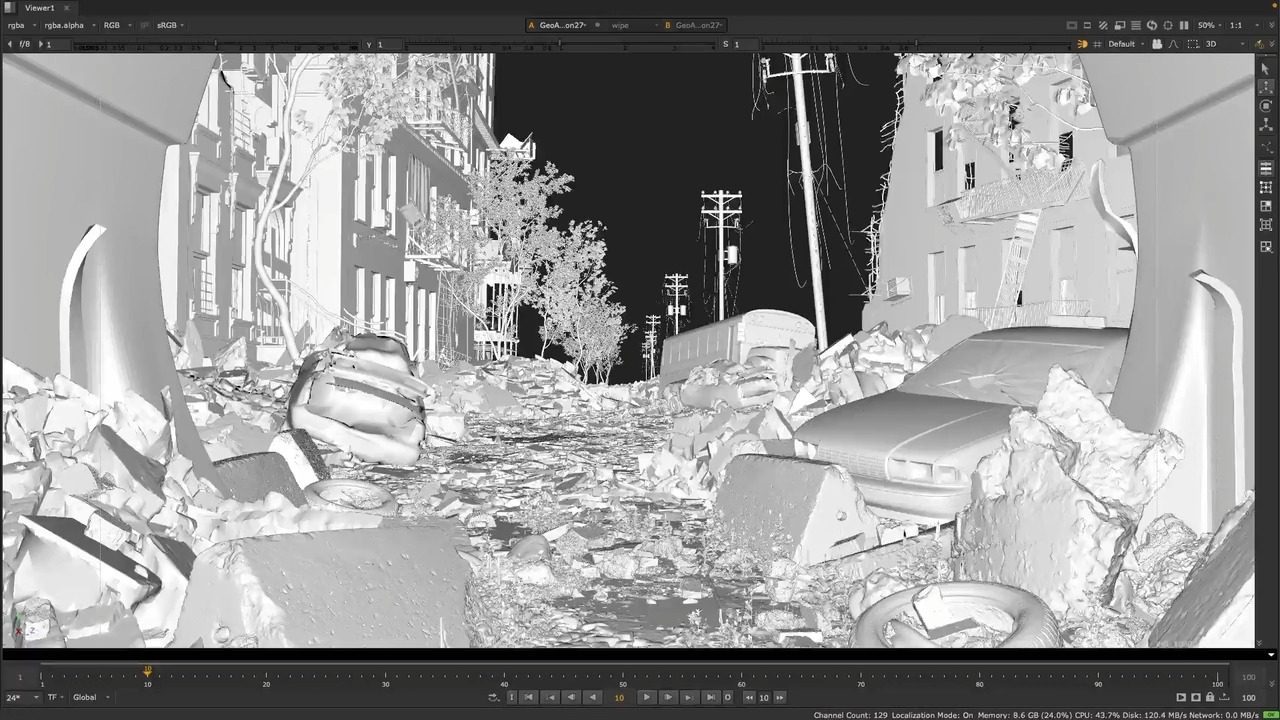 a desolate street scene depicted in monochrome featuring debris scattered along a cracked road crushed cars and partially destroyed buildings with bare trees and power lines visible in the background digital production A desolate street scene depicted in monochrome, featuring debris scattered along a cracked road, crushed cars, and partially destroyed buildings, with bare trees and power lines visible in the background.