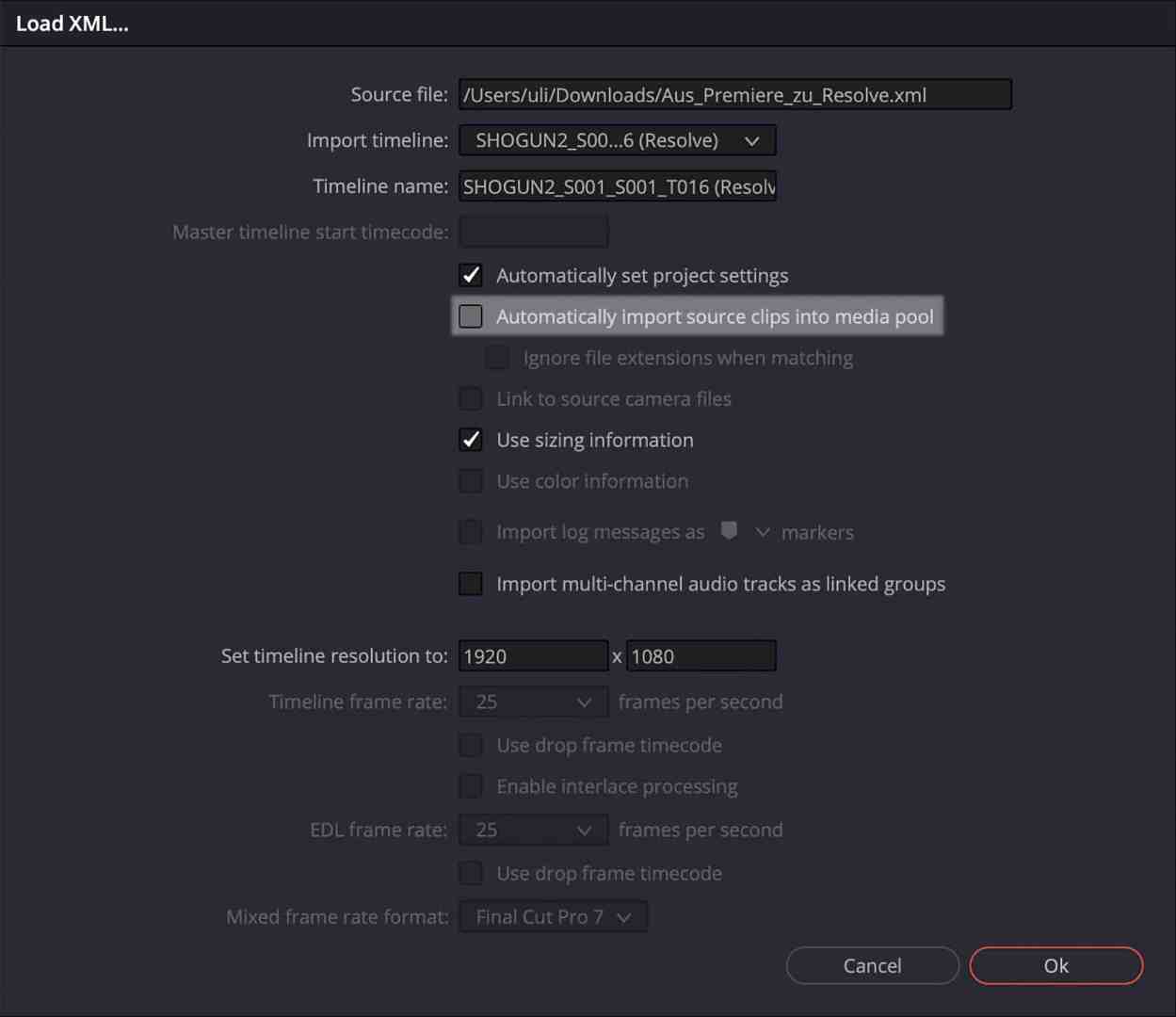 a user interface window for loading an xml file in video editing software options include project settings source clips import and resolution settings the timeline frame rate and mixed frame rate formats are also displayed digital production A user interface window for loading an XML file in video editing software. Options include project settings, source clips import, and resolution settings. The timeline frame rate and mixed frame rate formats are also displayed.