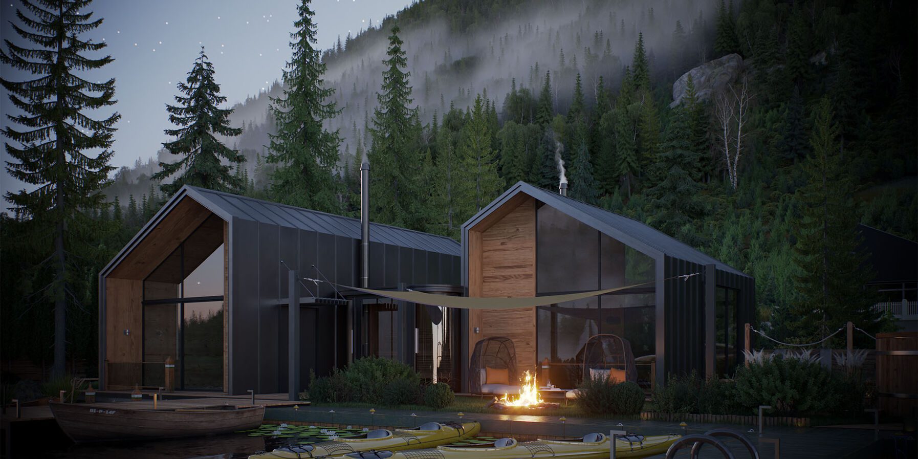 two modern houses with sleek designs sit side by side amidst tall evergreen trees illuminated by a cozy fire pit the scene features a calm waterfront with kayaks lined up on the shore under a starry night sky digital production https://alizvfdwaq.cloudimg.io/https://6852391.fs1.hubspotusercontent-na1.net/hubfs/6852391/Night%20scene%20of%20outdoor%20cabins%20surrounded%20by%20a%20forest%20and%20in%20front%20of%20a%20lake%2c%20with%20a%20pit%20fire%20in%20front%20of%20two%20chairs.jpg?w=1794&h=897&optipress=3&force_format=avif&func=crop&gravity=center