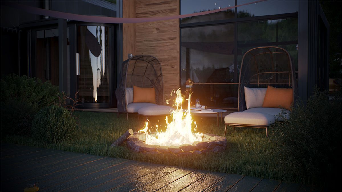 a cozy outdoor seating area featuring two hanging chairs beside a circular stone fire pit with a crackling fire set against a backdrop of a modern wooden house lush green grass surrounds the area creating a warm and inviting atmosphere digital production https://alizvfdwaq.cloudimg.io/https://6852391.fs1.hubspotusercontent-na1.net/hubfs/6852391/Rendering%20of%20an%20outdoor%20fire%20in%20front%20of%20two%20chairs%20in%20a%20garden.jpg?&optipress=3&force_format=avif&gravity=smart&aspect_ratio=1.7777777777777777