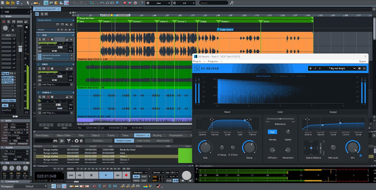 an audio editing software interface displaying multiple tracks colorful waveform representations are visible in orange green and blue a digital audio effect panel is open in the foreground showcasing adjustable knobs and settings digital production https://blog.borisfx.com/hs-fs/hubfs/ProAudio/Samplitude-UI.jpg?width=1860&height=942&name=Samplitude-UI.jpg
