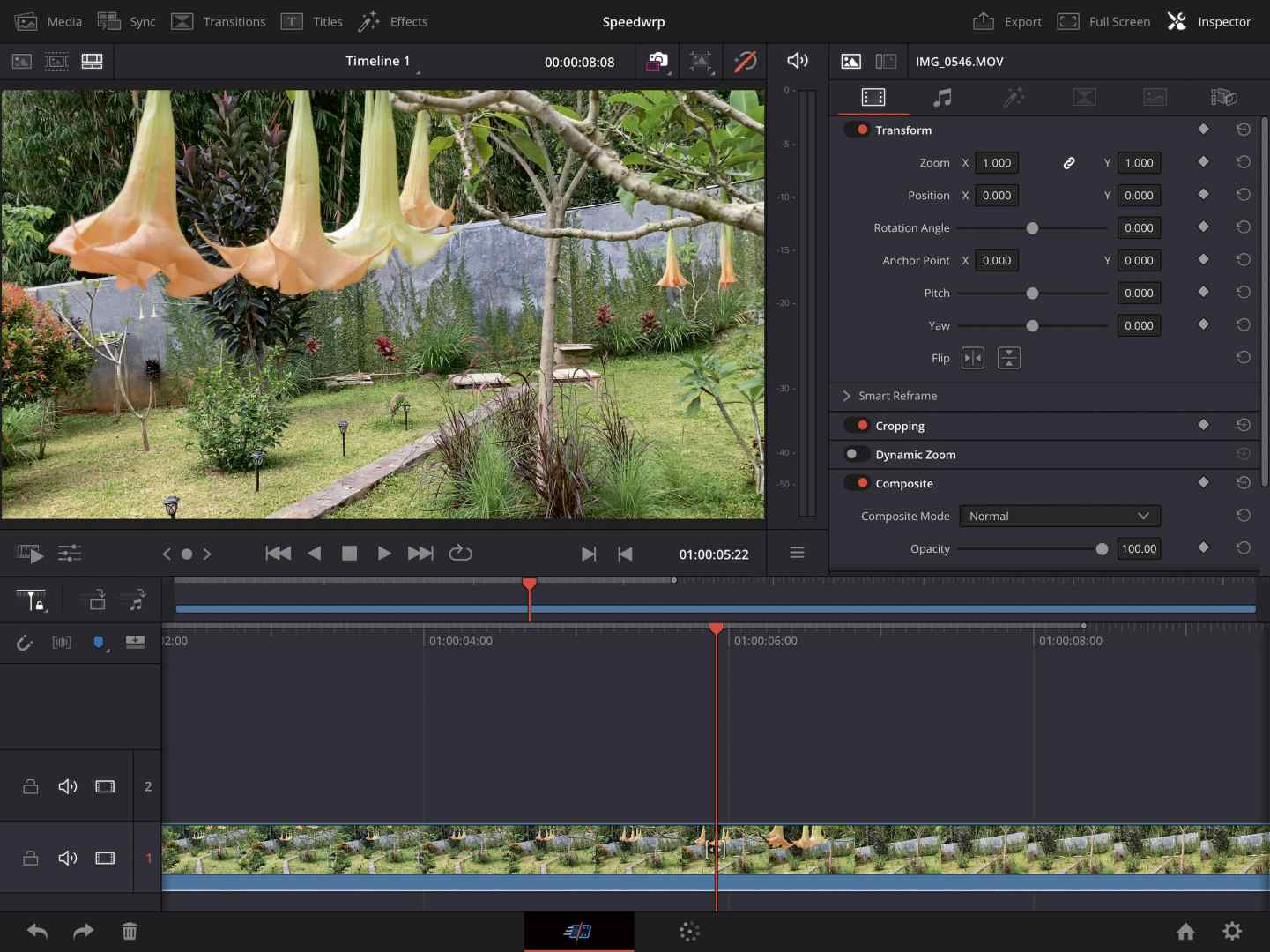 a video editing interface showing a garden scene there are large hanging plants with trumpetshaped flowers the timeline below displays video editing tools and settings for transitions and effects digital production A video editing interface showing a garden scene. There are large, hanging plants with trumpet-shaped flowers. The timeline below displays video editing tools and settings for transitions and effects.