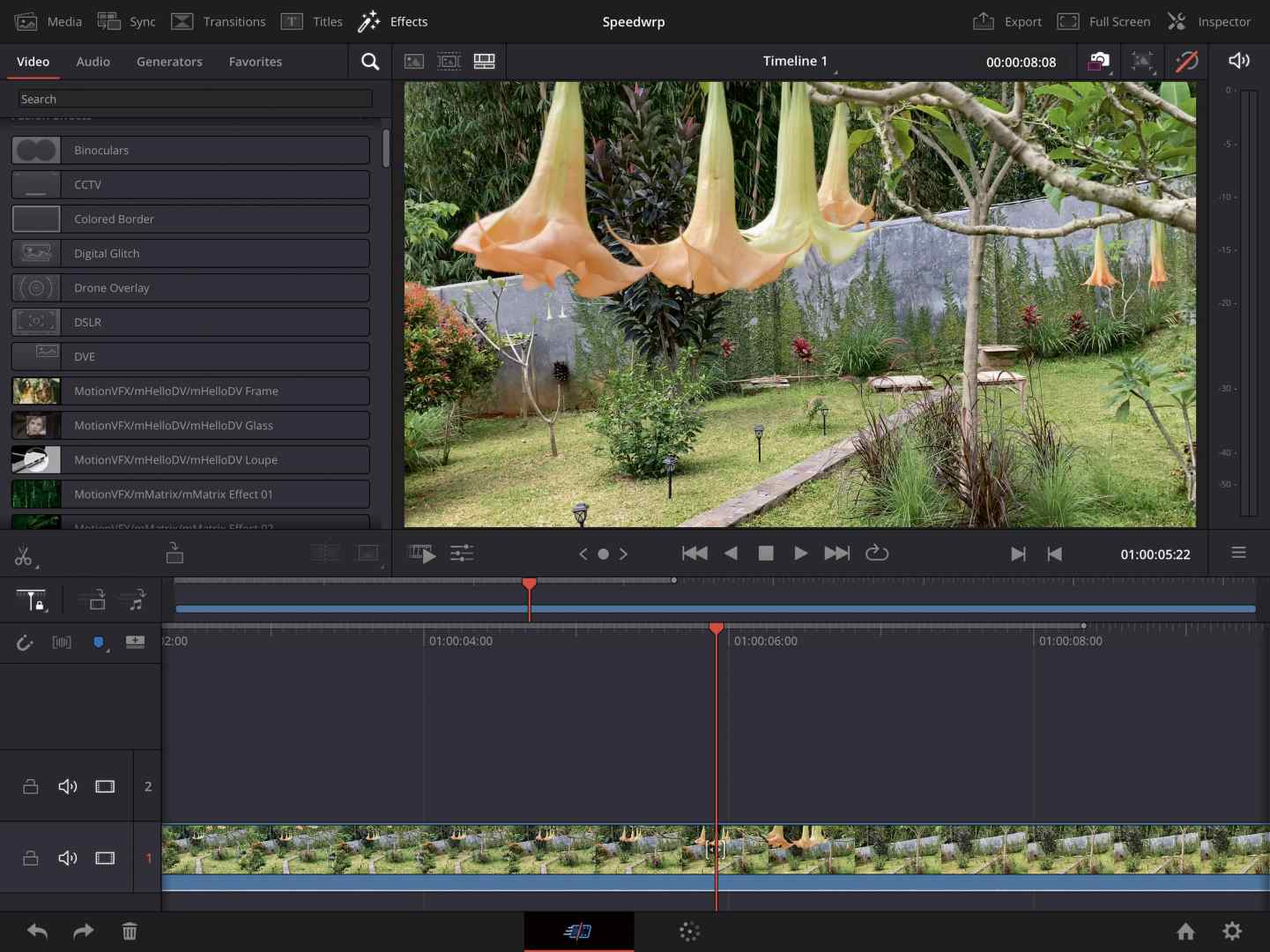 a video editing application interface displaying a timeline with clips and a preview of a garden scene featuring hanging orange flowers various editing options are visible on the left side of the screen digital production A video editing application interface displaying a timeline with clips and a preview of a garden scene featuring hanging orange flowers. Various editing options are visible on the left side of the screen.