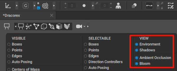 a screenshot of a software interface displaying various settings the view section is highlighted in red showing options for environment shadows ambient occlusion and bloom with checkboxes indicating active selections digital production A screenshot of a software interface displaying various settings. The 'VIEW' section is highlighted in red, showing options for 'Environment', 'Shadows', 'Ambient Occlusion', and 'Bloom', with checkboxes indicating active selections.