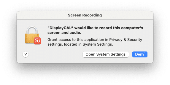 a system notification prompt for screen recording requests from the application displaycal the message includes an option to grant access in privacy security settings and buttons to open settings or deny the request digital production A system notification prompt for screen recording requests from the application "DisplayCAL." The message includes an option to grant access in Privacy & Security settings and buttons to open settings or deny the request.