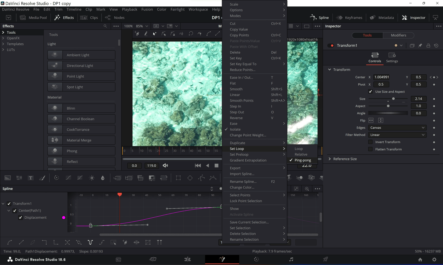 backpingpong digital production Dieses türkise Hintergrundbild wurde in Fusion mit dem Inspector animiert (nur ein wenig horizontal bewegt). Die Bewegungskurven wurden auf „smooth“ gestellt. „Set Loop Ping Pong“ lässt die Bewegung am Ende umkehren. Wenn die Bildqualität ausreicht, kann bei passender Clip-Länge ein animiertes GIF-Bild mit Endlosschleife exportiert werden.