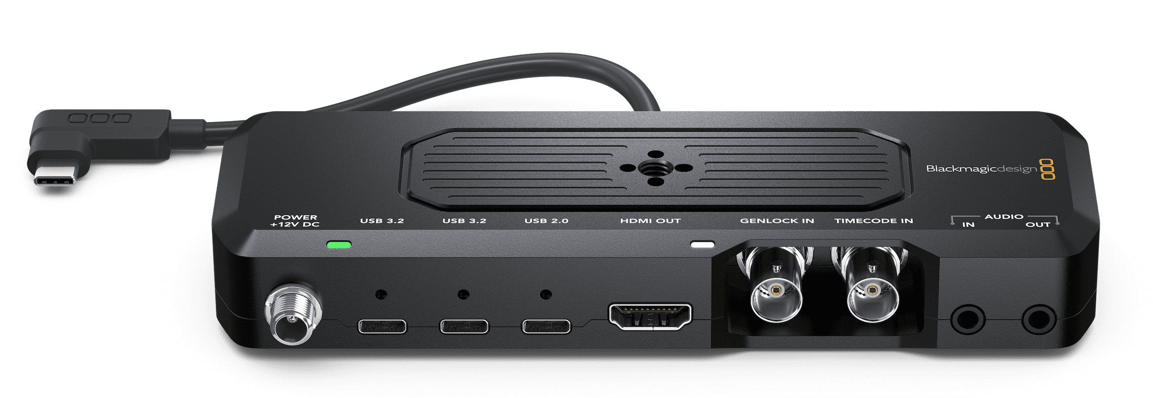 a blackmagic design streaming device featuring various ports including usb hdmi and audio outputs the sleek black design includes indicator lights and a cable connection on one side suitable for video production tasks digital production A Blackmagic Design streaming device featuring various ports, including USB, HDMI, and audio outputs. The sleek black design includes indicator lights and a cable connection on one side, suitable for video production tasks.