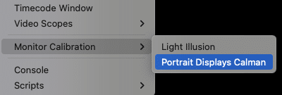 a closeup view of a software menu showing options like timecode window video scopes and monitor calibration the light illusion section is highlighted with portrait displays calman in blue digital production A close-up view of a software menu showing options like 'Timecode Window', 'Video Scopes', and 'Monitor Calibration'. The 'Light Illusion' section is highlighted with 'Portrait Displays Calman' in blue.
