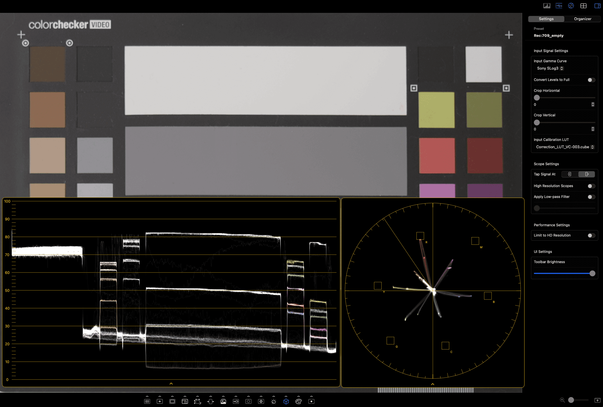 an image displaying a colorchecker with various color samples arranged on the top half accompanied by a waveform monitor and a vector scope at the bottom the interface includes settings for adjustment and calibration digital production An image displaying a ColorChecker with various color samples arranged on the top half, accompanied by a waveform monitor and a vector scope at the bottom. The interface includes settings for adjustment and calibration.