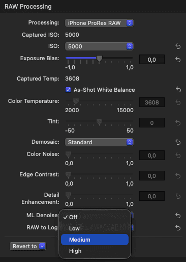 a screenshot displaying raw processing settings in a photo editing software the settings include options for iso exposure bias color temperature tint demosaicing and detail enhancement with a dropdown for ml denoise set to medium digital production A screenshot displaying RAW processing settings in a photo editing software. The settings include options for ISO, exposure bias, color temperature, tint, demosaicing, and detail enhancement, with a dropdown for ML Denoise set to 'Medium'.