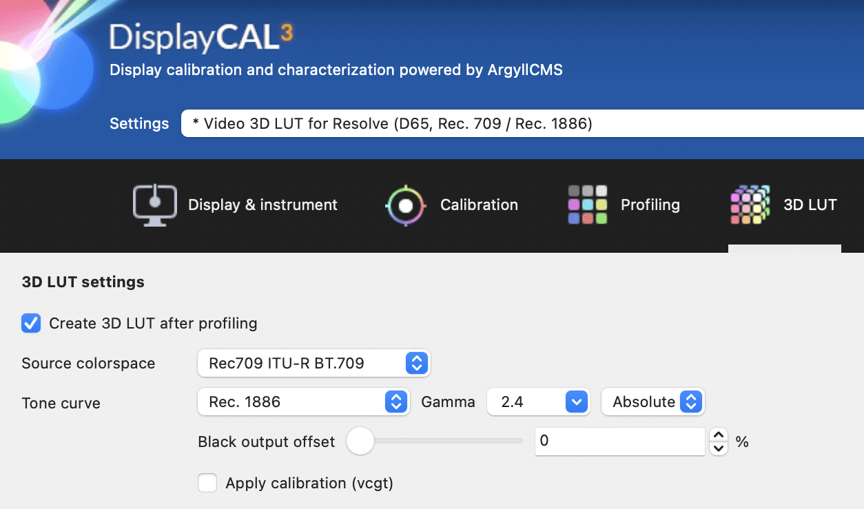 displaycal software interface showing settings for creating a 3d lut for resolve options include source colorspace tone curve gamma settings and calibration choices digital production DisplayCAL software interface showing settings for creating a 3D LUT for Resolve. Options include source colorspace, tone curve, gamma settings, and calibration choices.