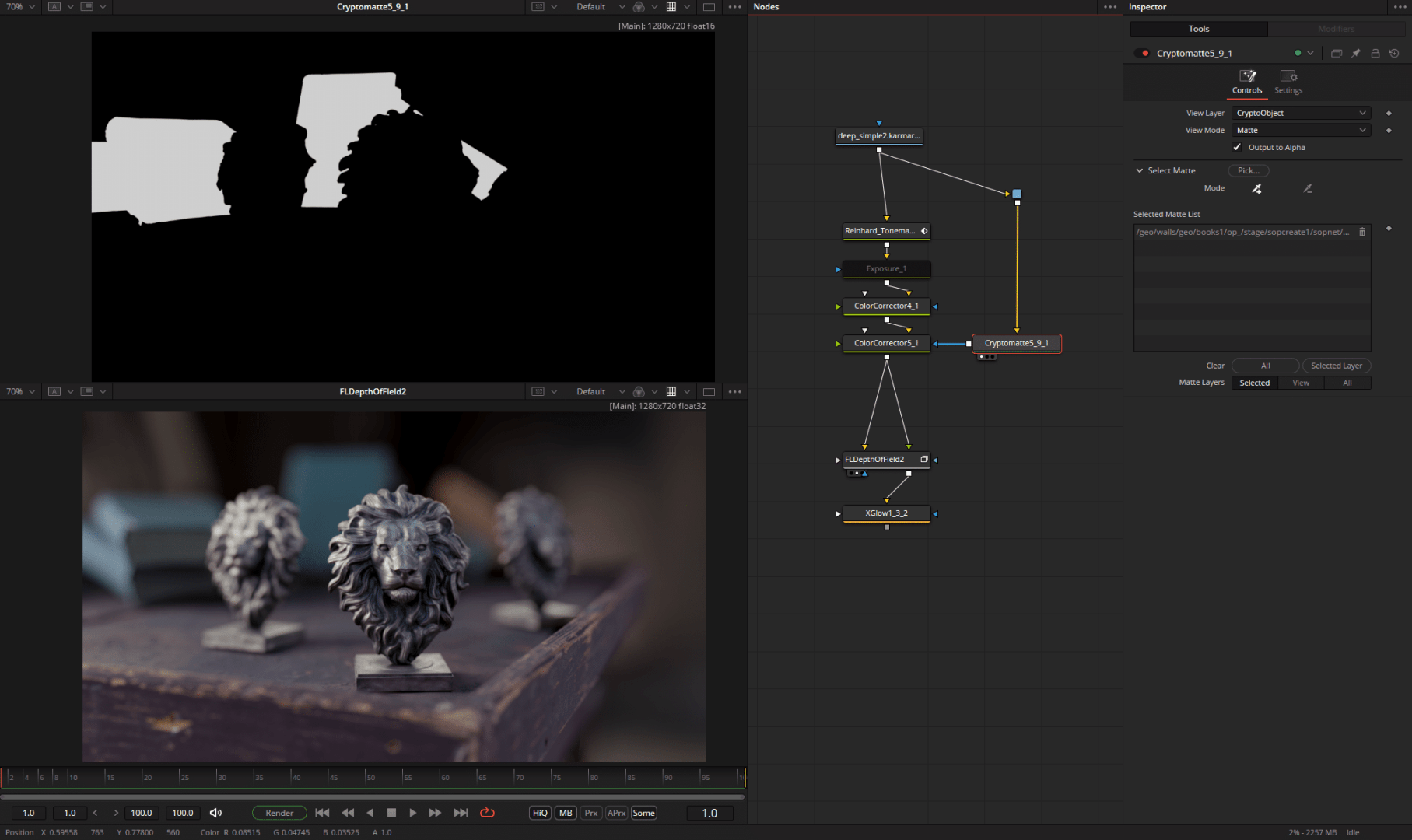 digital editing software interface showing lion sculptures and node graph digital production Digital editing software interface showing lion sculptures and node graph.