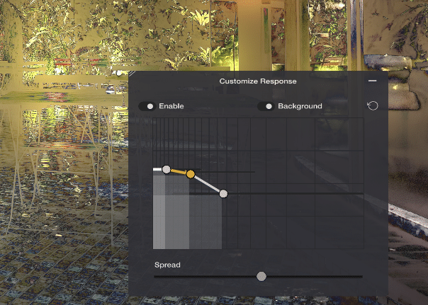 a user interface displaying a customize response panel the panel features options for enable and background with a graph indicating settings for spread the background shows a reflective surface with plants and seating digital production A user interface displaying a 'Customize Response' panel. The panel features options for 'Enable' and 'Background' with a graph indicating settings for 'Spread.' The background shows a reflective surface with plants and seating.