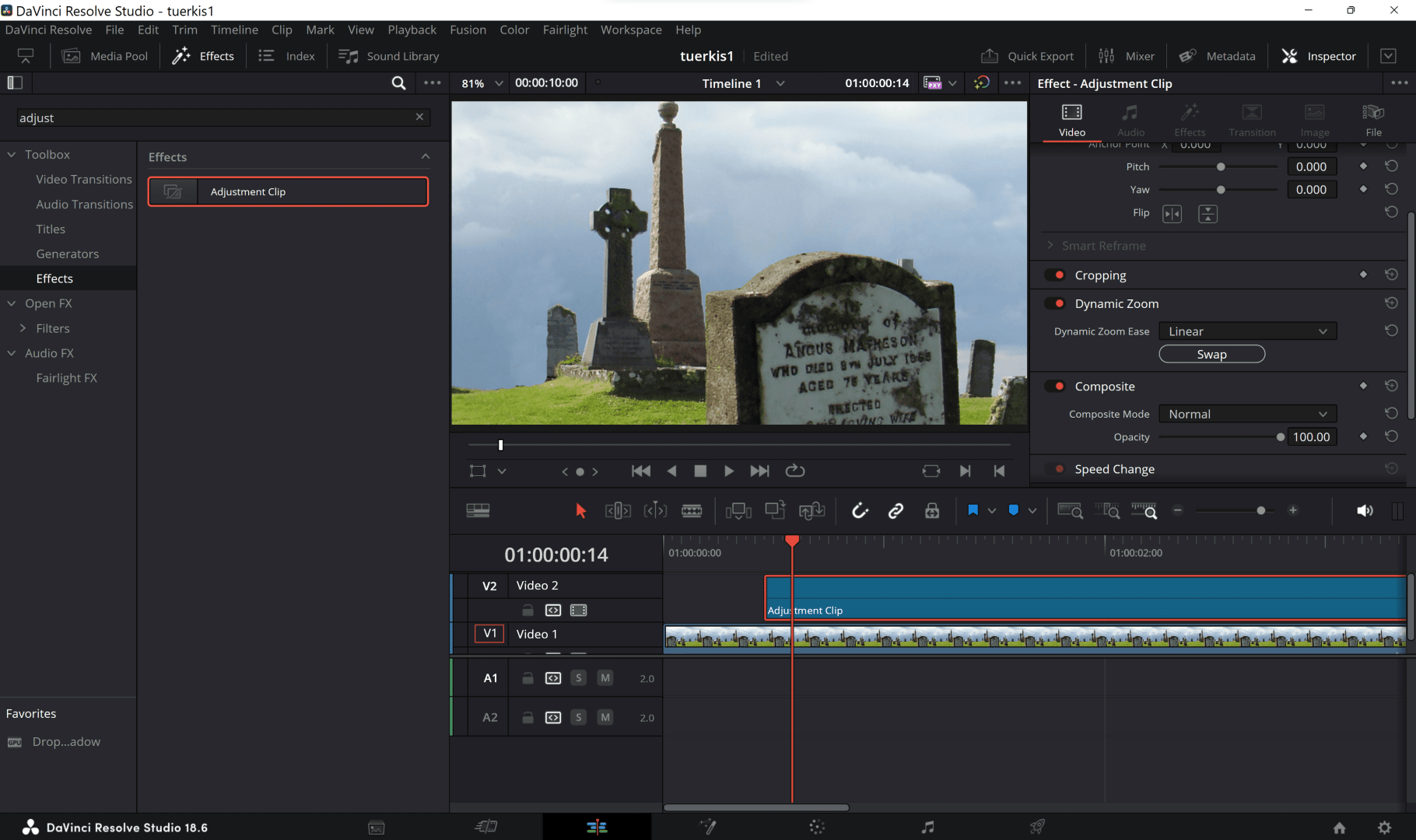 dynamiczoomadjustment digital production Dynamic Zoom (hier in der Endposition des Zooms) auf Adjustment-Clip – Der Adjustment-Clip ist nötig, um die Länge der Kamerafahrt zu steuern (Dynamic Zoom wirkt immer auf einen ganzen Clip). Außerdem kann er mehrmals verwendet werden (in diesem Beispiel wurde er zweimal hintereinander gesetzt, im zweiten Clip wurde die Bewegungsrichtung mit „Swap“ umgekehrt).