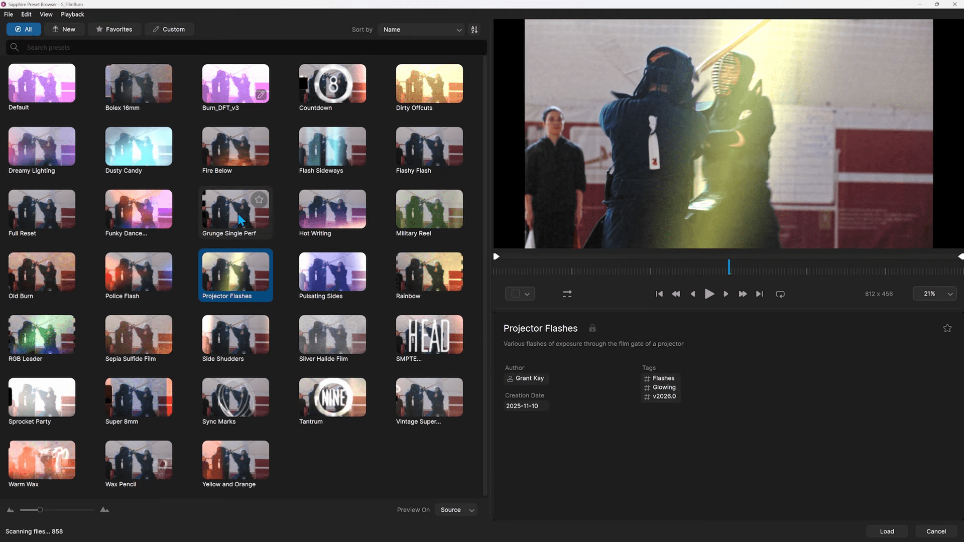 a video editing software interface displaying various filters on the left side and a clip preview on the right the clip features two individuals in a duel with a bright projector flash effect illuminating the scene digital production A video editing software interface displaying various filters on the left side and a clip preview on the right. The clip features two individuals in a duel, with a bright projector flash effect illuminating the scene.