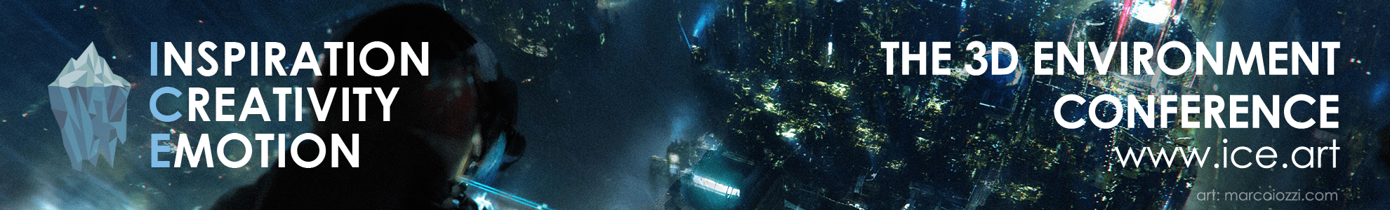 banner for the 3d environment conference featuring the words inspiration creativity emotion alongside a stylized graphic of a figure in a dark immersive digital environment digital production Banner for the 3D Environment Conference featuring the words 'Inspiration, Creativity, Emotion' alongside a stylized graphic of a figure in a dark, immersive digital environment.