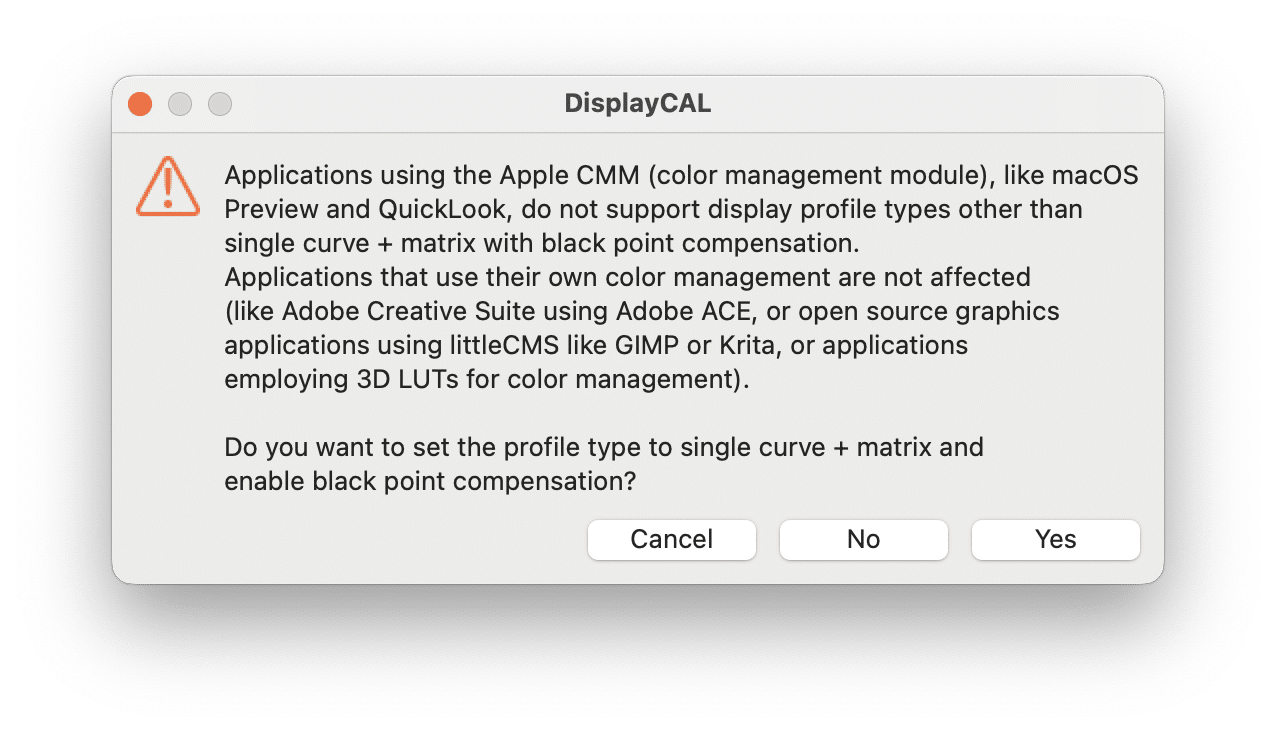 a computer dialog box from displaycal displaying a warning about color management compatibility issues specifically mentioning applications that do not support certain display profile types it includes options to set the profile type or cancel digital production A computer dialog box from DisplayCAL displaying a warning about color management compatibility issues, specifically mentioning applications that do not support certain display profile types. It includes options to set the profile type or cancel.
