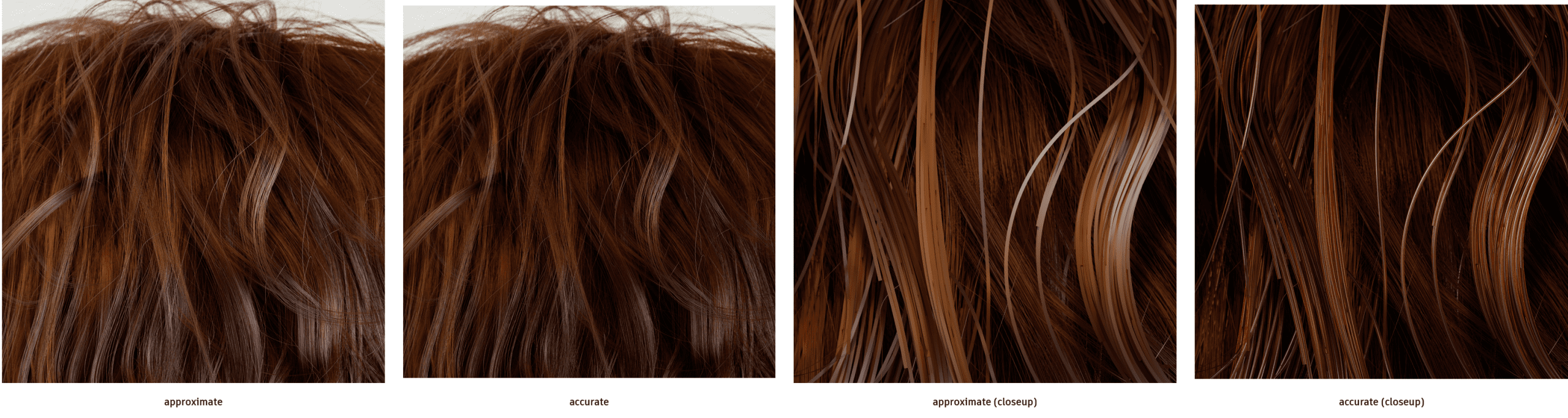 four closeup images showcasing different textures of brown hair the first two images display tousled hair while the last two focus on smoother strands highlighting variations in shine and flow each image is labeled for clarity digital production Four close-up images showcasing different textures of brown hair. The first two images display tousled hair, while the last two focus on smoother strands, highlighting variations in shine and flow. Each image is labeled for clarity.