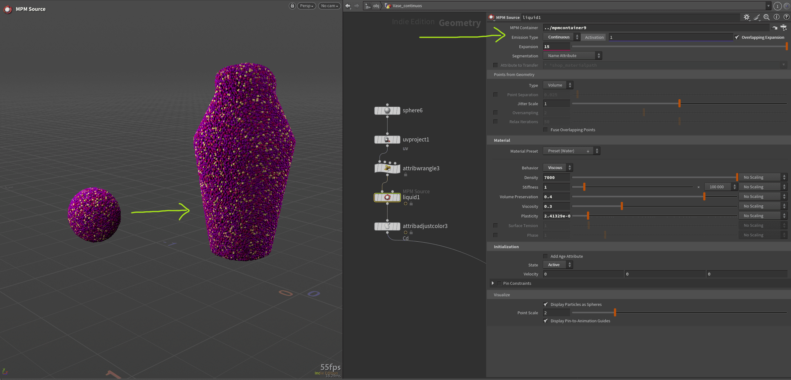 a digital 3d model workspace displaying two objects a large purple speckled vaselike shape and a smaller spherical shape to its left on the right a settings panel is open showcasing options for geometry adjustments with sliders and parameters digital production A digital 3D model workspace displaying two objects: a large purple, speckled vase-like shape and a smaller spherical shape to its left. On the right, a settings panel is open, showcasing options for geometry adjustments with sliders and parameters.