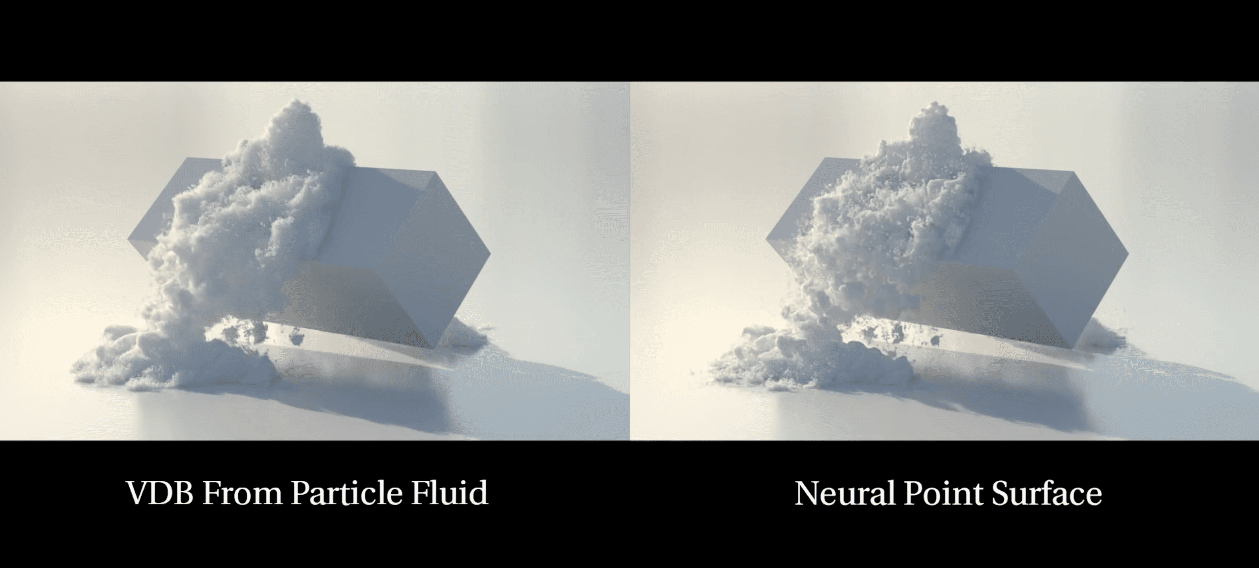 a sidebyside comparison of two 3d rendering techniques on the left a grey geometric shape with particle fluid simulation showing volumetric effects on the right a similar shape rendered using neural point surface technology with a stylized appearance digital production A side-by-side comparison of two 3D rendering techniques. On the left, a grey geometric shape with particle fluid simulation showing volumetric effects. On the right, a similar shape rendered using neural point surface technology, with a stylized appearance.