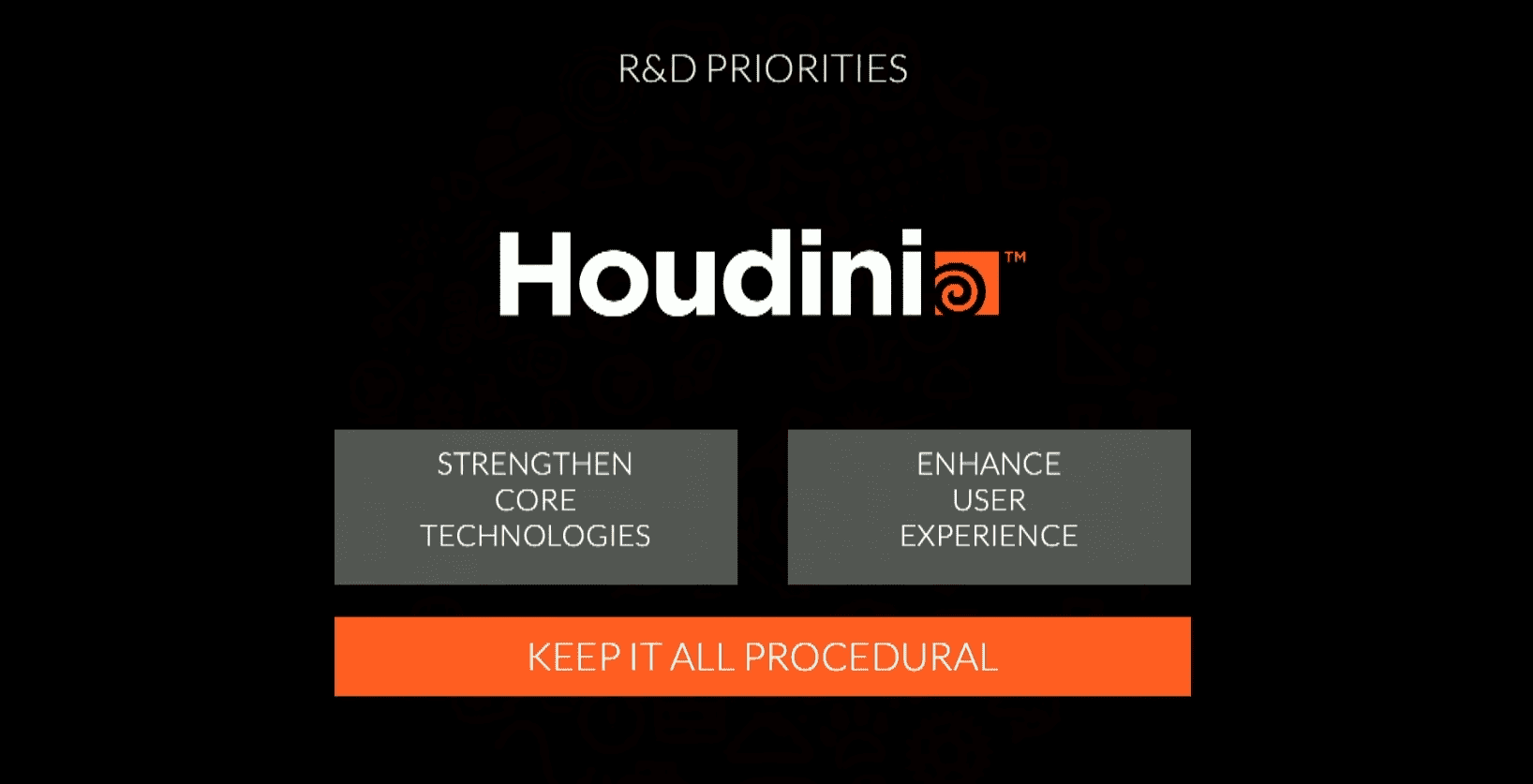 a graphic titled rd priorities featuring the logo of houdini at the center below the logo are two gray boxes labeled strengthen core technologies and enhance user experience with an orange button at the bottom stating keep it all procedural the background is black digital production A graphic titled 'R&D Priorities' featuring the logo of Houdini at the center. Below the logo are two gray boxes labeled 'Strengthen Core Technologies' and 'Enhance User Experience', with an orange button at the bottom stating 'KEEP IT ALL PROCEDURAL'. The background is black.