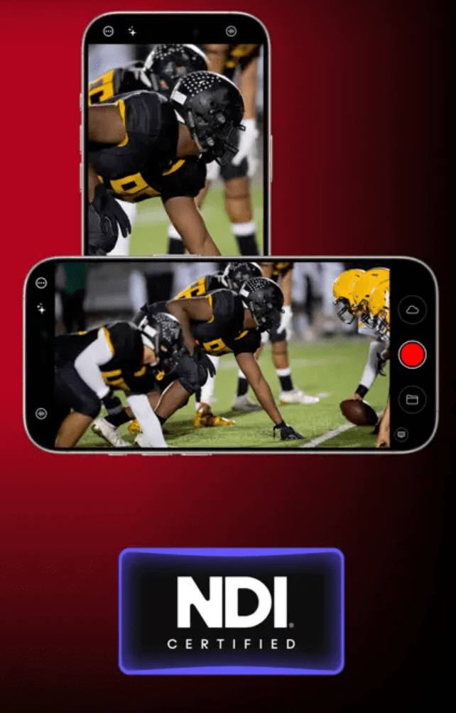 two smartphones displaying images of football players in action one above the other the players wearing black and yellow uniforms are lined up on a green field under stadium lights an ndi certified logo is visible at the bottom digital production Two smartphones displaying images of football players in action, one above the other. The players, wearing black and yellow uniforms, are lined up on a green field under stadium lights. An 'NDI Certified' logo is visible at the bottom.