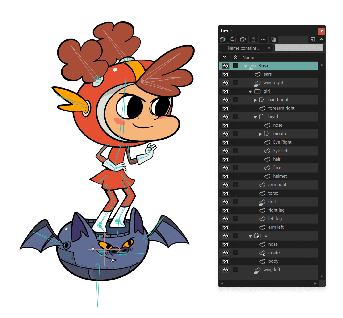 a cartoon girl with pigtails stands confidently on the back of a cartoon bat she wears a bright red outfit with yellow accents and smiles while the bat appears mischievous the right side shows a digital design layer menu with labeled components digital production https://cdn.shopify.com/s/files/1/0552/8741/4966/files/image17.png?v=1762773702