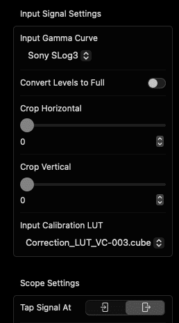 user interface settings for input signal configuration including options for gamma curve cropping dimensions and a calibration lut for video processing digital production User interface settings for input signal configuration, including options for gamma curve, cropping dimensions, and a calibration LUT for video processing.