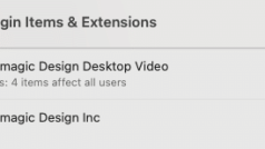 settings screen showing login items extensions section with two entries for blackmagic design software first entry shows blackmagic design desktop video with details about items affecting users and second entry for blackmagic design inc digital production Settings screen showing 'Login Items & Extensions' section with two entries for Blackmagic Design software. First entry shows 'Blackmagic Design Desktop Video' with details about items affecting users, and second entry for 'Blackmagic Design Inc.'