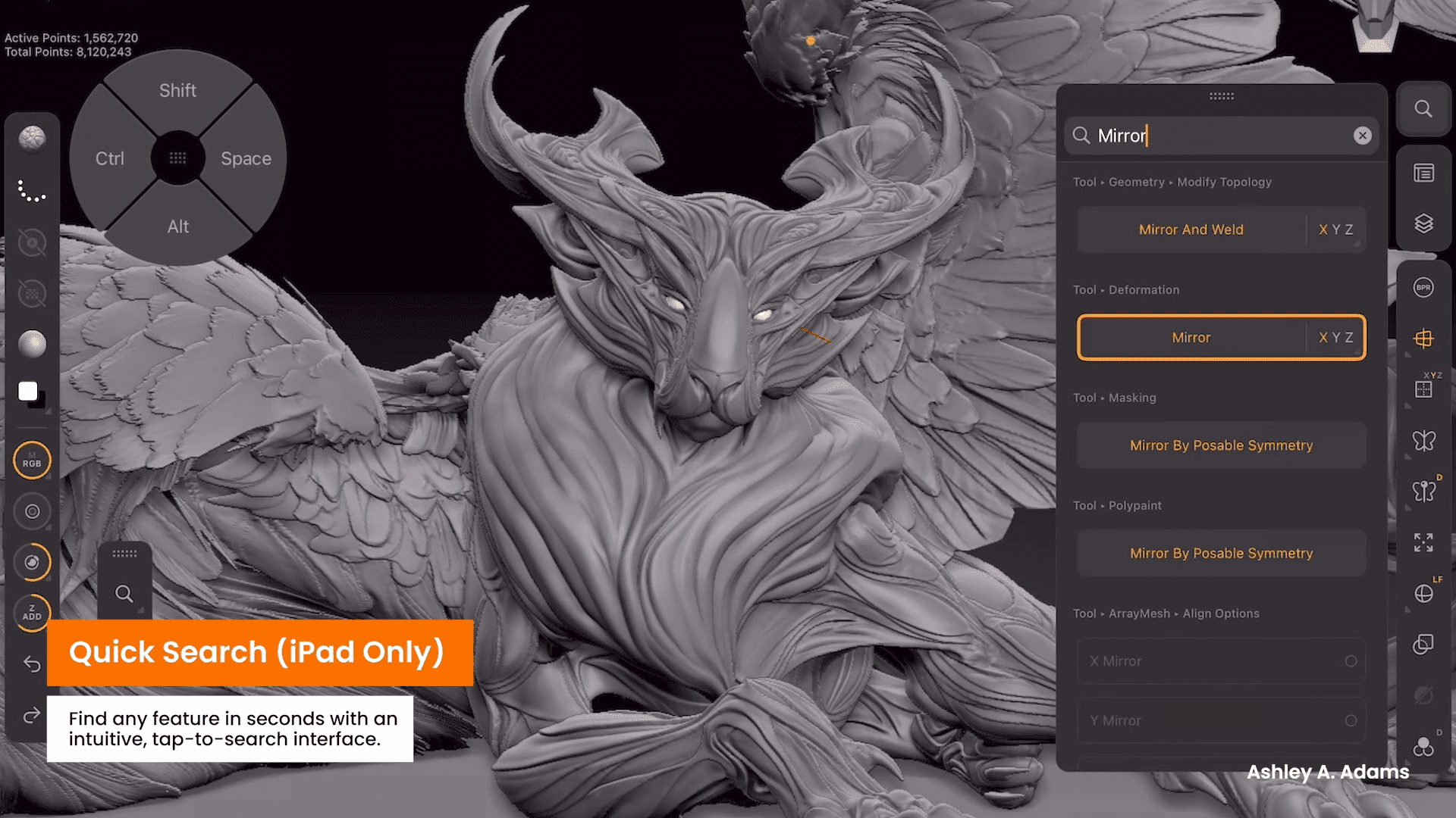 a detailed 3d sculpting interface displays a stylized creature featuring wings and intricate textures on the right a search bar labeled quick search shows options for a mirror feature while the left panel includes navigation controls digital production A detailed 3D sculpting interface displays a stylized creature, featuring wings and intricate textures. On the right, a search bar labeled 'Quick Search' shows options for a mirror feature, while the left panel includes navigation controls.