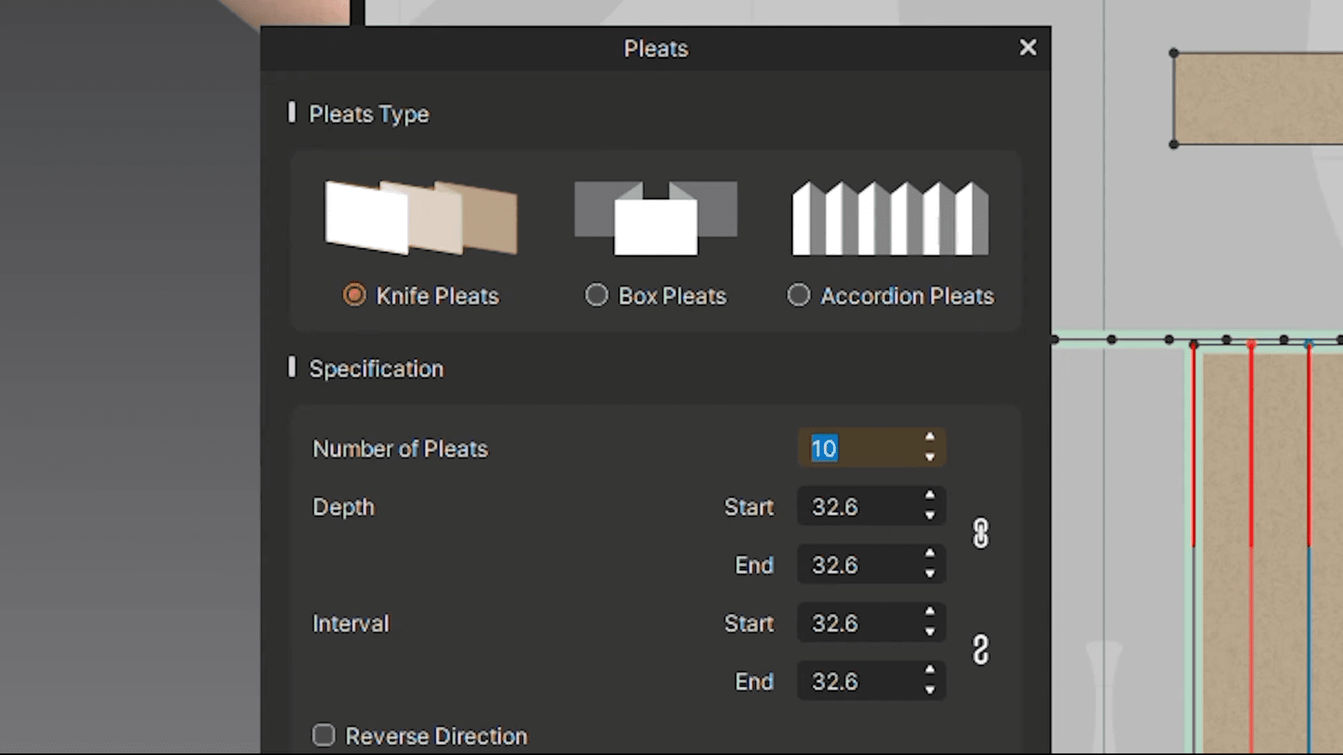 a user interface displaying pleat options for designing fabrics featuring selections for knife pleats box pleats and accordion pleats along with specification input fields for number of pleats and their dimensions digital production A user interface displaying pleat options for designing fabrics, featuring selections for knife pleats, box pleats, and accordion pleats, along with specification input fields for number of pleats and their dimensions.