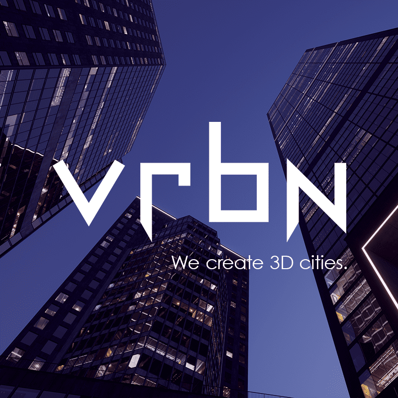 a lowangle view of modern skyscrapers reaching toward a twilight sky with the text vrbn and the tagline we create 3d cities prominently displayed in white the buildings are surrounded by a serene blue atmosphere digital production A low-angle view of modern skyscrapers reaching toward a twilight sky, with the text 'vrbn' and the tagline 'We create 3D cities.' prominently displayed in white. The buildings are surrounded by a serene blue atmosphere.