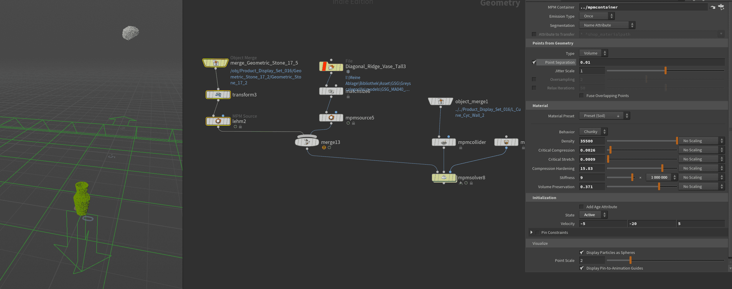 a 3d modeling interface displayed on a computer screen featuring a green wireframe figure in a virtual space with a selection of geometry nodes and properties on the right side indicating a focus on digital design and manipulation digital production A 3D modeling interface displayed on a computer screen, featuring a green wireframe figure in a virtual space, with a selection of geometry nodes and properties on the right side, indicating a focus on digital design and manipulation.
