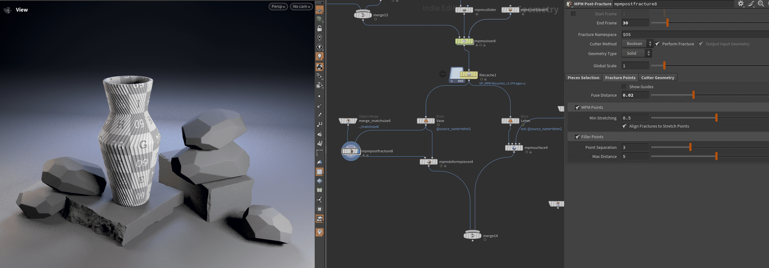 a detailed vase with intricate patterns displayed among several gray rocks on a flat surface to the right a user interface is visible showing a nodebased layout for editing parameters with sliders and options for adjustments digital production A detailed vase with intricate patterns displayed among several gray rocks on a flat surface. To the right, a user interface is visible, showing a node-based layout for editing parameters, with sliders and options for adjustments.