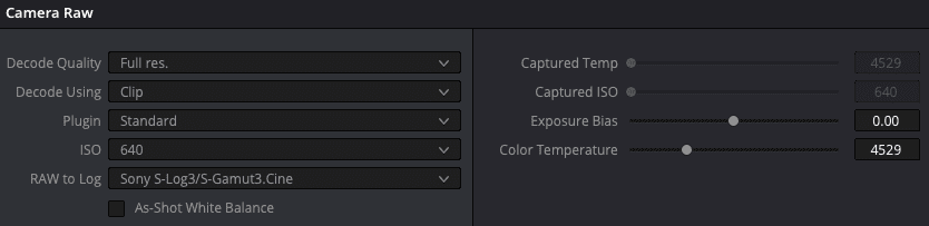 a digital interface displaying camera raw settings including options for decode quality iso exposure bias and color temperature the settings are arranged in a darkthemed layout with various sliders and dropdown menus digital production A digital interface displaying camera raw settings, including options for decode quality, ISO, exposure bias, and color temperature. The settings are arranged in a dark-themed layout with various sliders and dropdown menus.