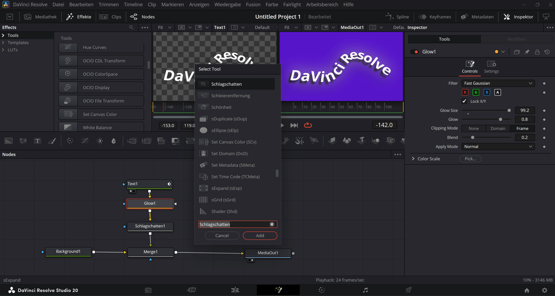 a screenshot of the davinci resolve 20 user interface displaying various editing tools the nodes section shows a flow chart with text1 merge and background along with a menu for adding effects the right pane features settings for a text effect digital production A screenshot of the DaVinci Resolve 20 user interface displaying various editing tools. The nodes section shows a flow chart with 'Text1', 'Merge', and 'Background', along with a menu for adding effects. The right pane features settings for a text effect.
