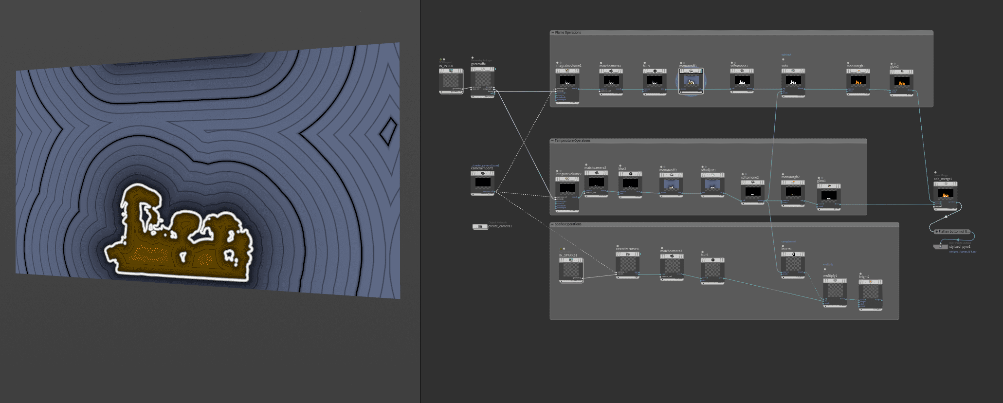 a digital workspace showing a brown topographical map on the left complemented by a complex network of nodes on the right illustrating a creative design process in a graphical software environment digital production A digital workspace showing a brown topographical map on the left, complemented by a complex network of nodes on the right, illustrating a creative design process in a graphical software environment.