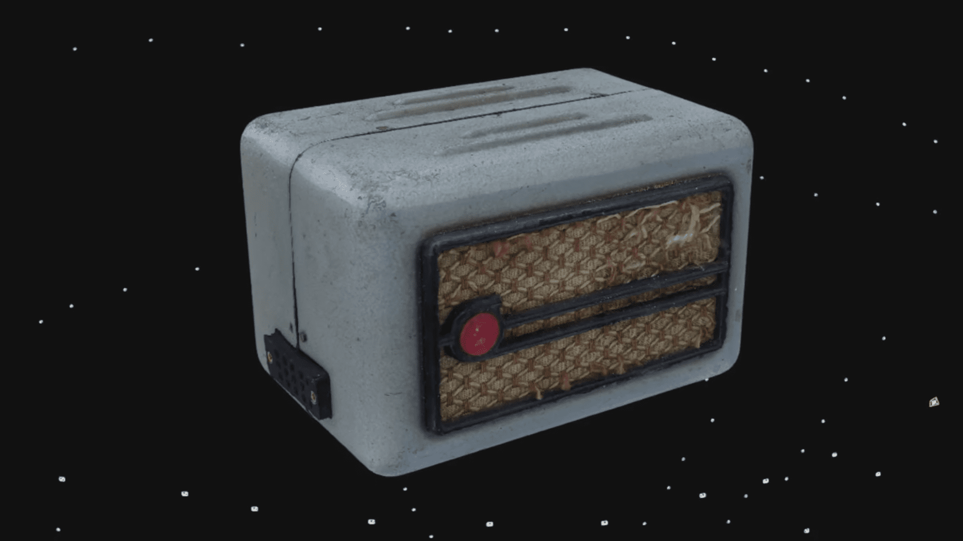 a detailed view of a small retrostyle device resembling a radio featuring a lacelike woven panel on the front it has a prominent red button and is set against a starry black background giving it a vintage otherworldly appearance digital production A detailed view of a small, retro-style device resembling a radio, featuring a lace-like woven panel on the front. It has a prominent red button and is set against a starry black background, giving it a vintage, otherworldly appearance.